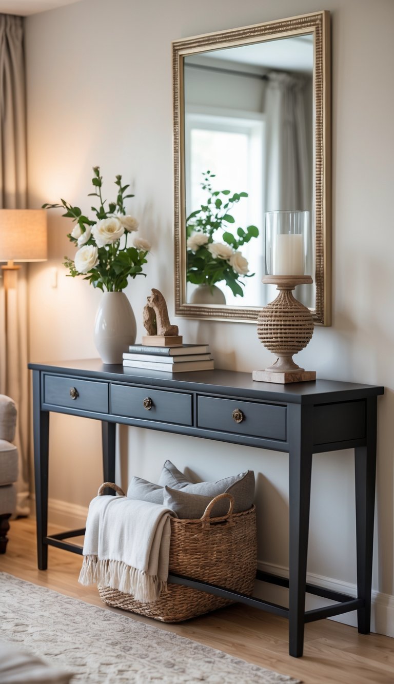 A living room corner with a console table and a small woven basket underneath holding folded throws.