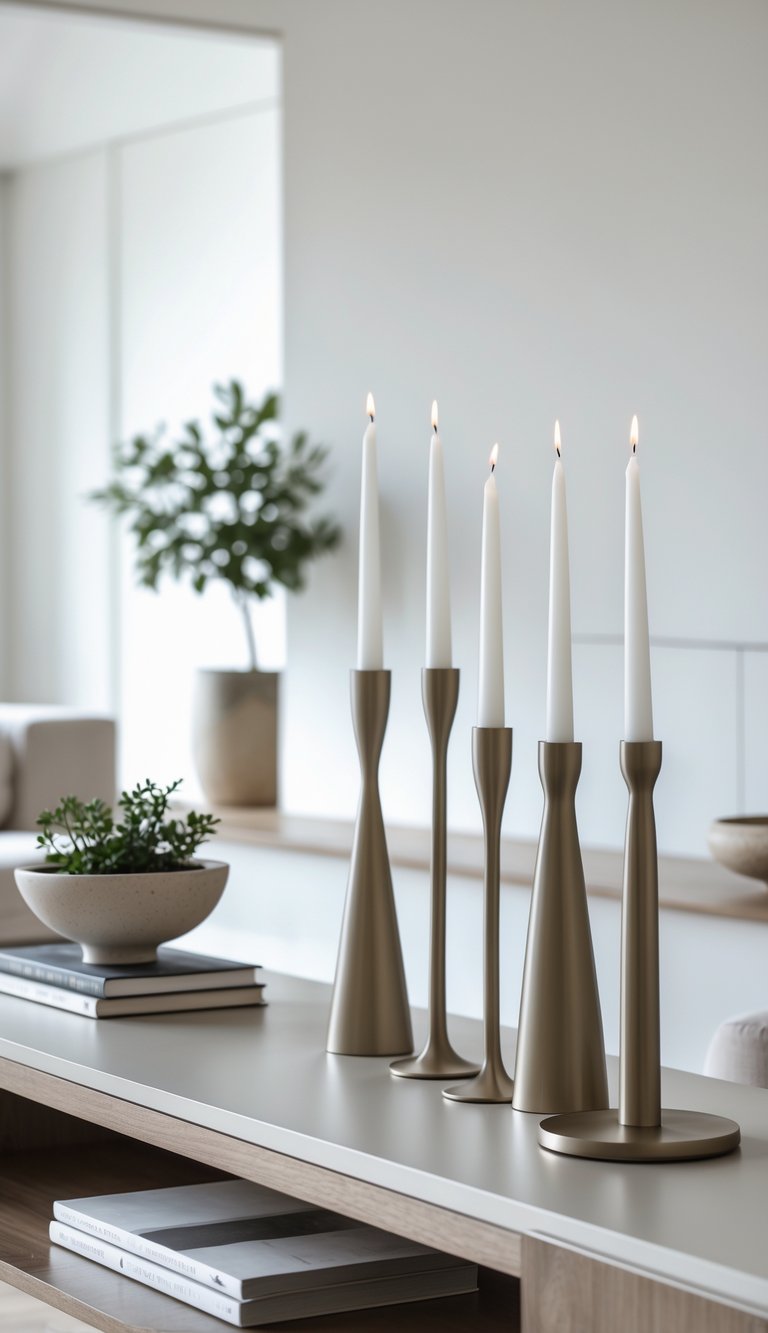 Three metal candleholders with white candles arranged on a console table with a plant, books, and a decorative bowl in a living room.