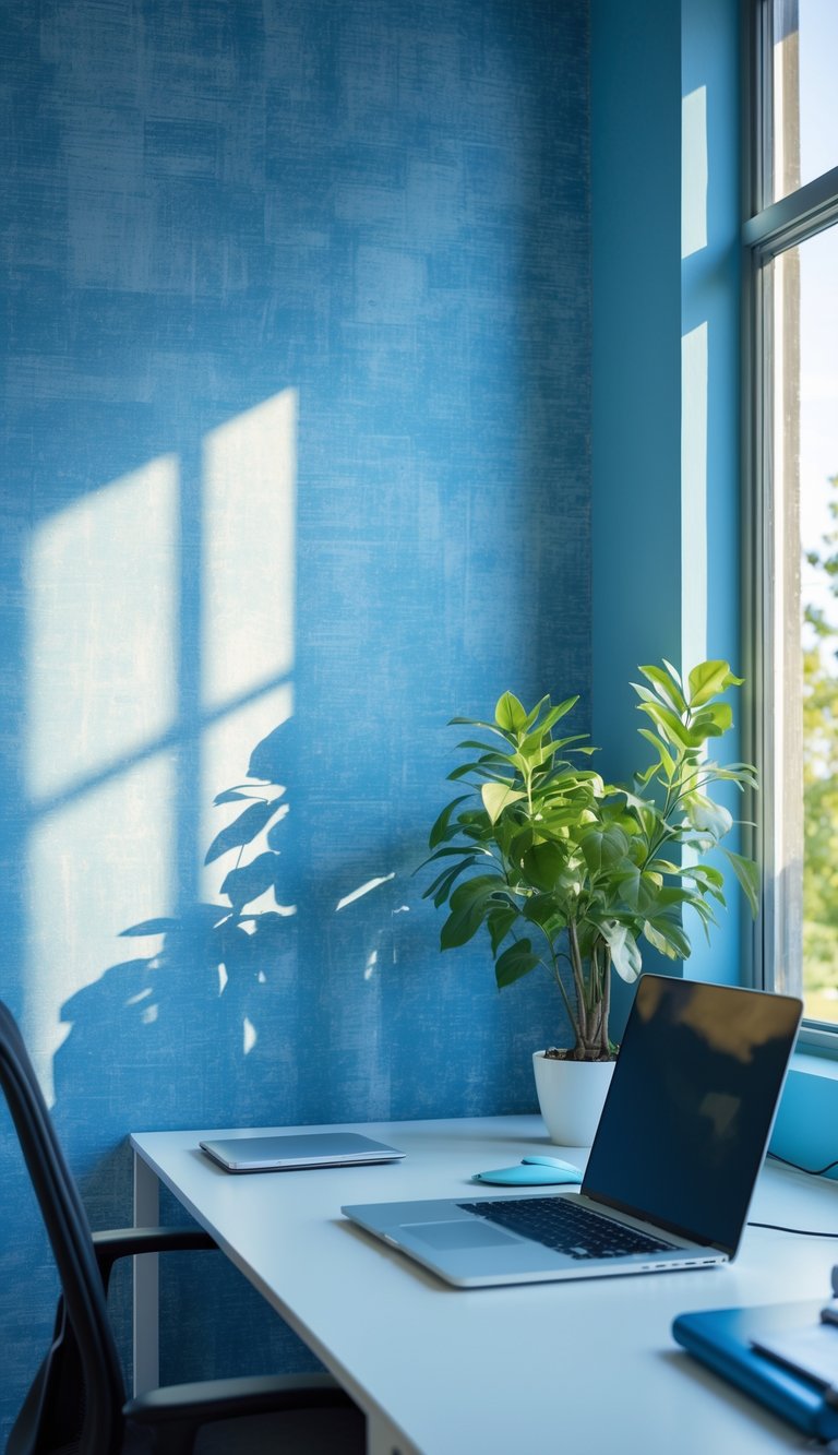 A modern office workspace with a desk, laptop, plant, and calming blue wallpaper in the background.