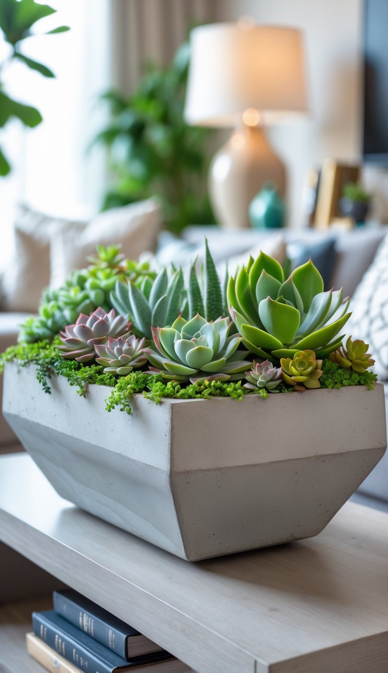 A shallow concrete planter filled with various green succulents placed on a console table in a living room.