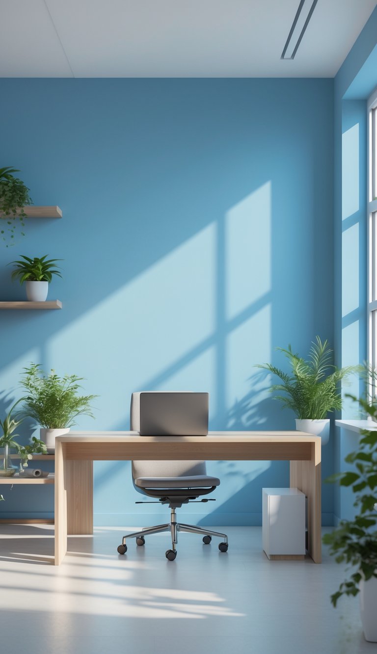 A bright office with sky-blue matte walls, a wooden desk with a laptop, an ergonomic chair, and green plants creating a calm workspace.