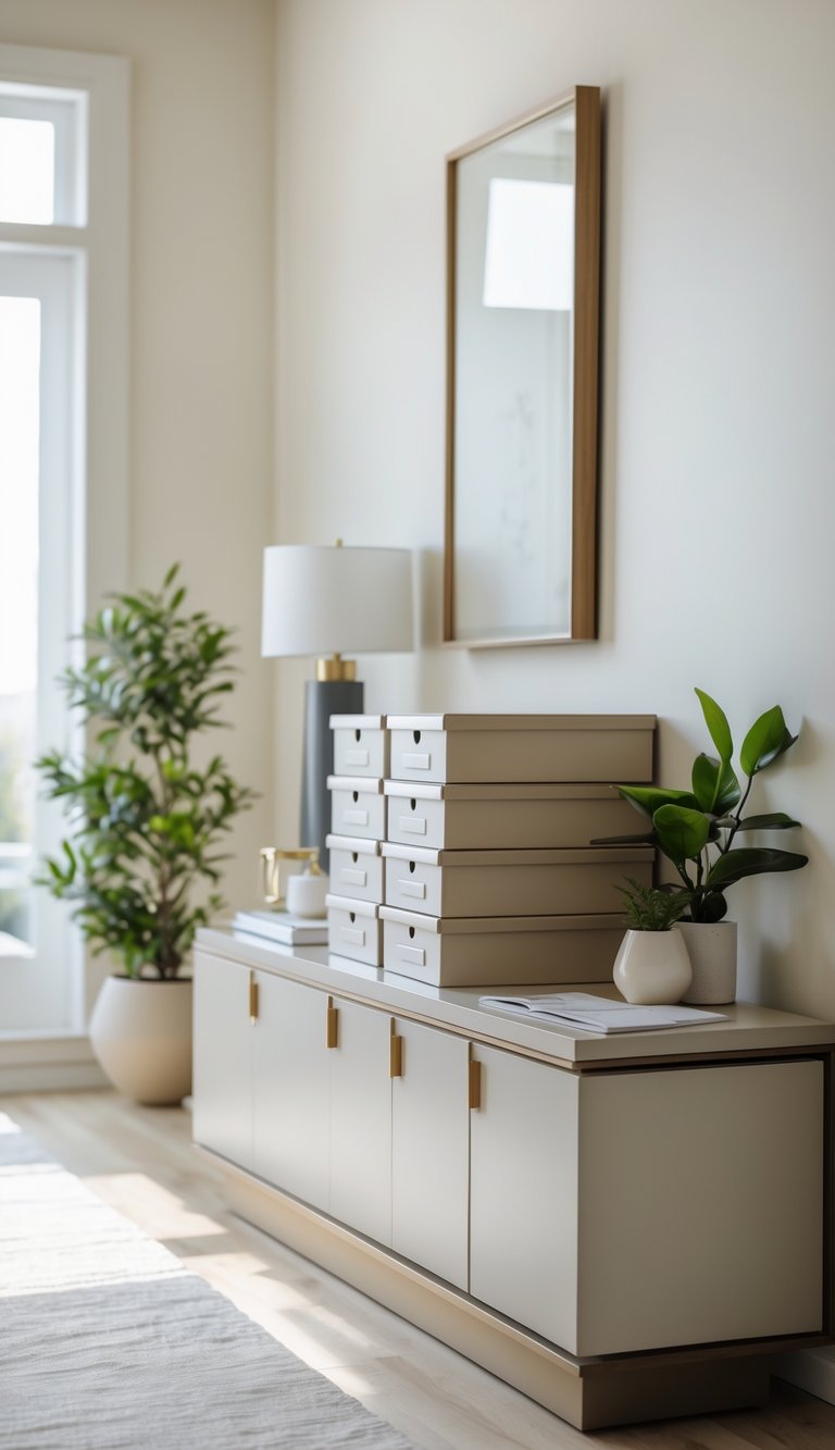 Stacked storage boxes for mail and receipts on a console table in a living room with a plant and lamp nearby.