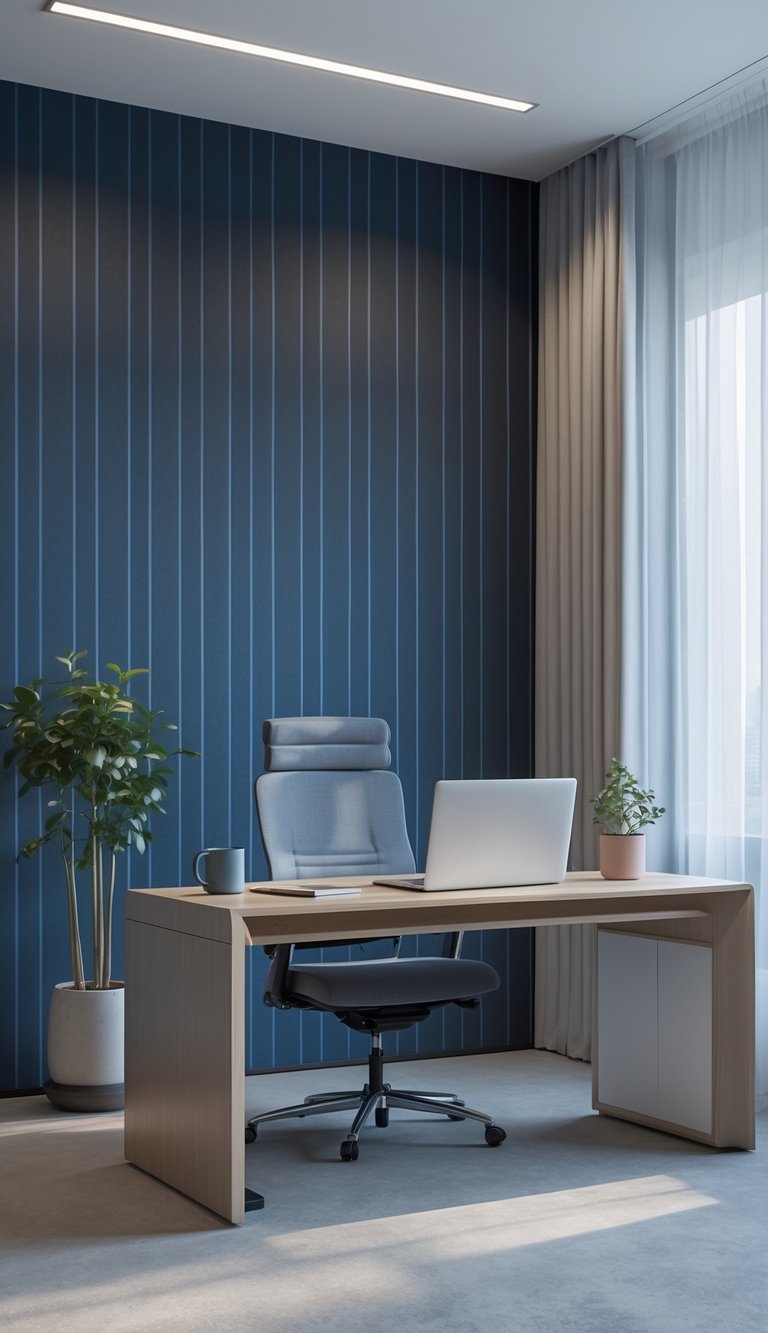A modern office with navy blue pinstripe wallpaper, a wooden desk with a laptop, chair, potted plant, and soft natural light coming through windows.
