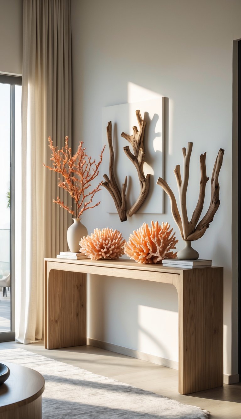 A living room console table decorated with ornamental coral and driftwood accents, along with plants and vases.