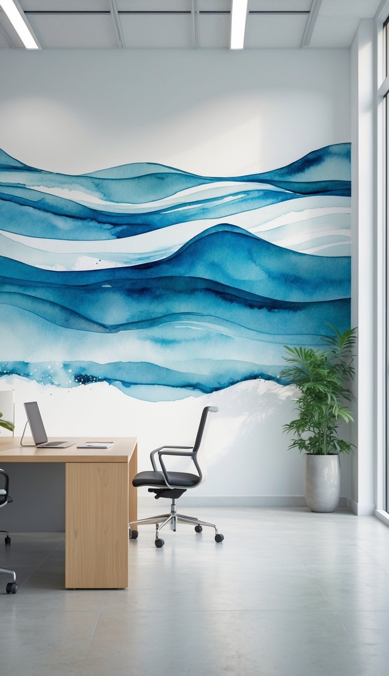 Modern office interior with a large blue ocean-themed mural on the wall, natural light, and minimalist furniture creating a calm workspace.