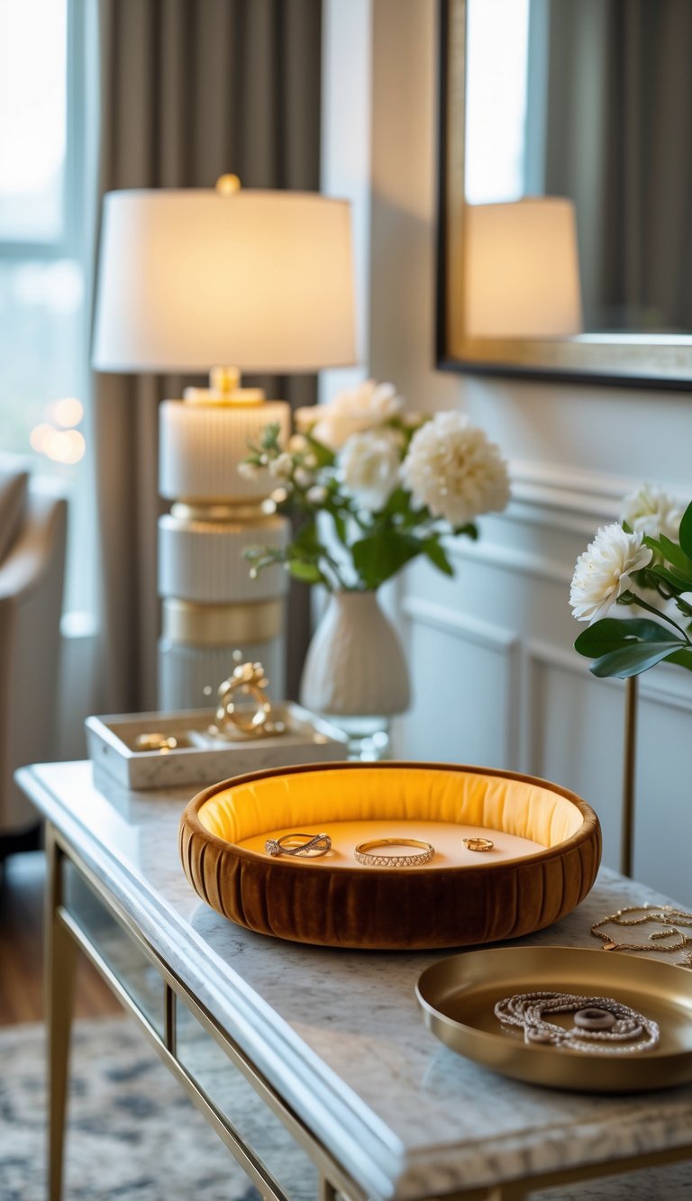 Velvet-lined jewelry dish on a console table with jewelry and decorative items in a living room.