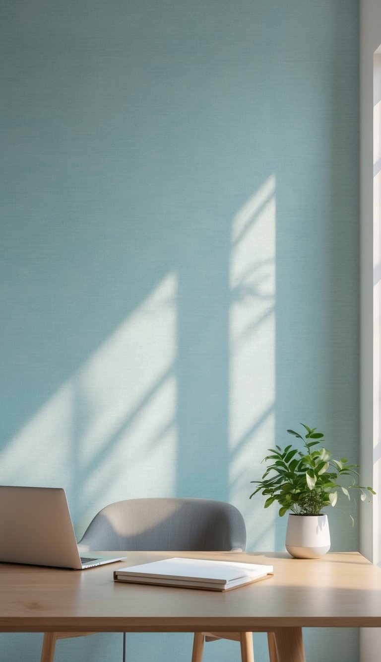 A modern office workspace with a wooden desk, a small plant, and powder blue textured wallpaper in the background.