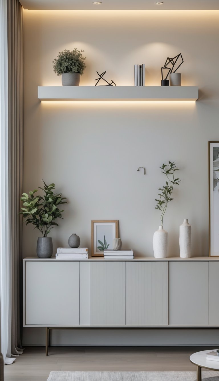 Living room with a wall-mounted floating shelf above a console table decorated with plants, books, and decorative items.