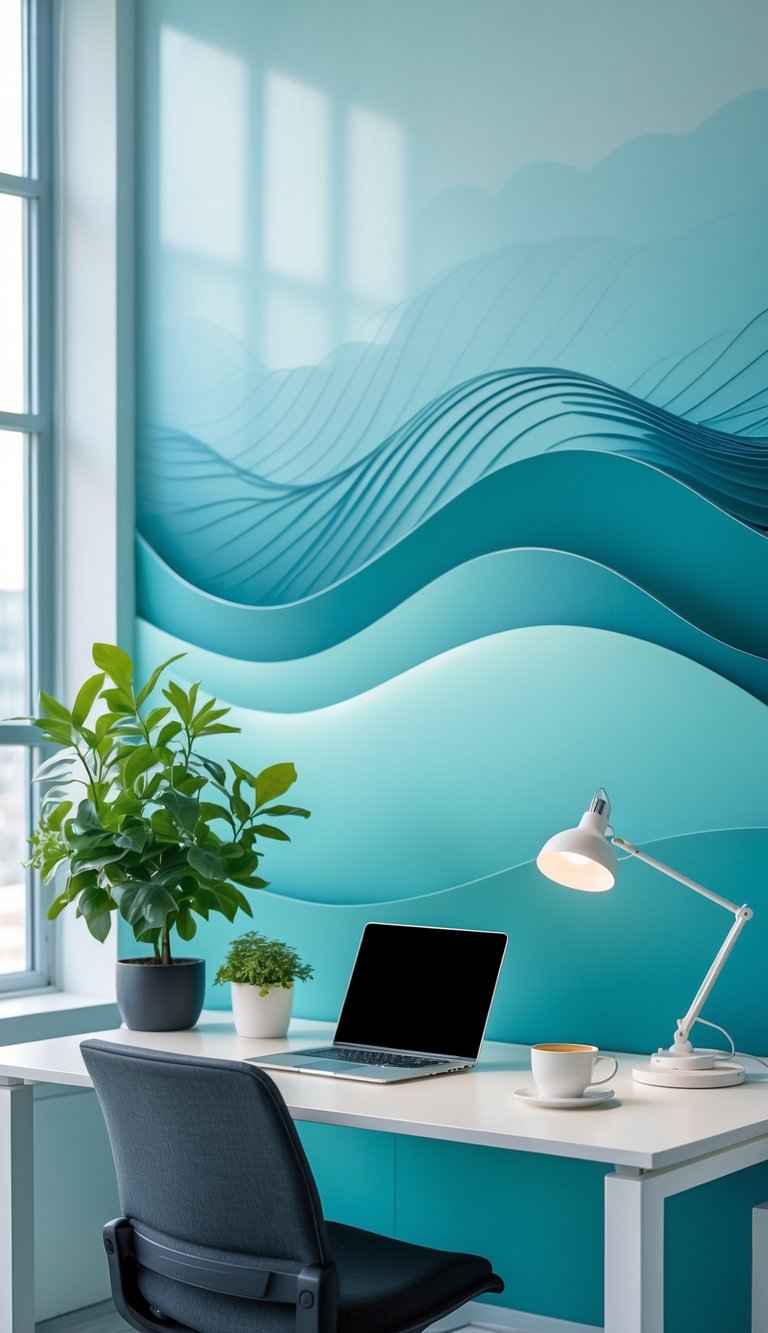 A modern office desk with a laptop, plant, lamp, and coffee cup against a calming blue and teal gradient background.