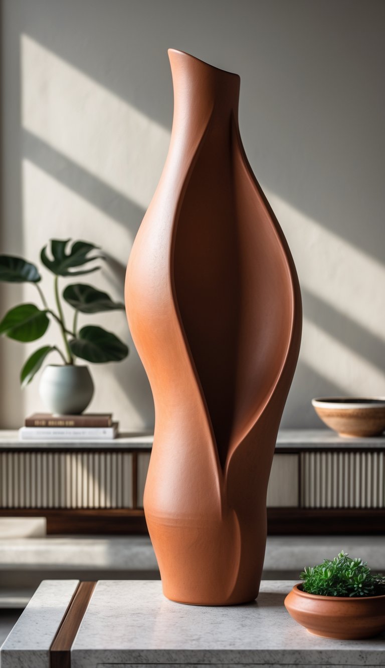 A tall terracotta ceramic lamp on a console table with books, a plant, and a decorative bowl in a living room.