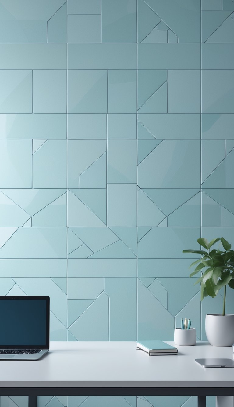 Modern office workspace with a pale blue geometric patterned wallpaper, a desk with a laptop, office supplies, and a small plant.