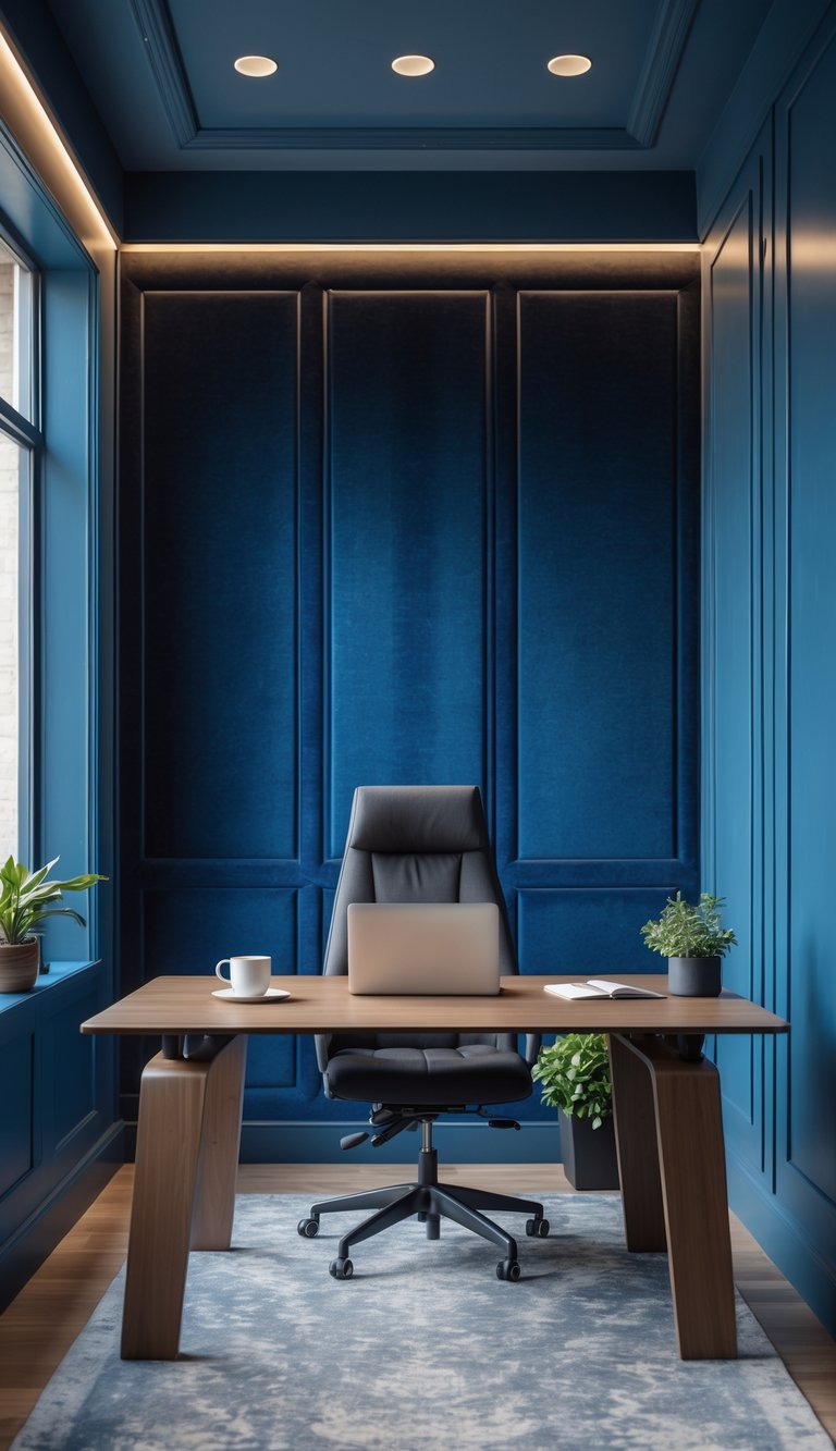 Modern office with indigo velvet wall paneling, a wooden desk with a laptop, chair, and plants by large windows.