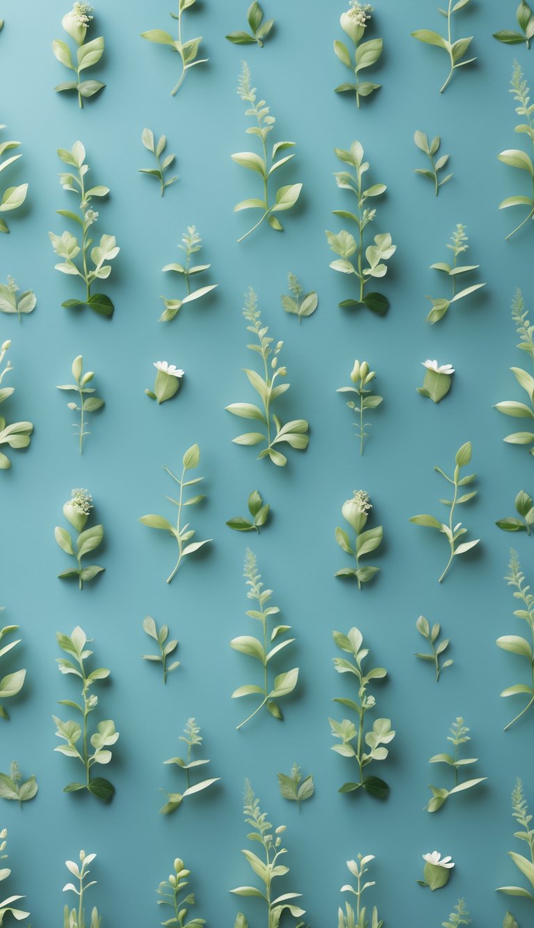 A seamless botanical pattern with green leaves and flowers on a calming blue background.