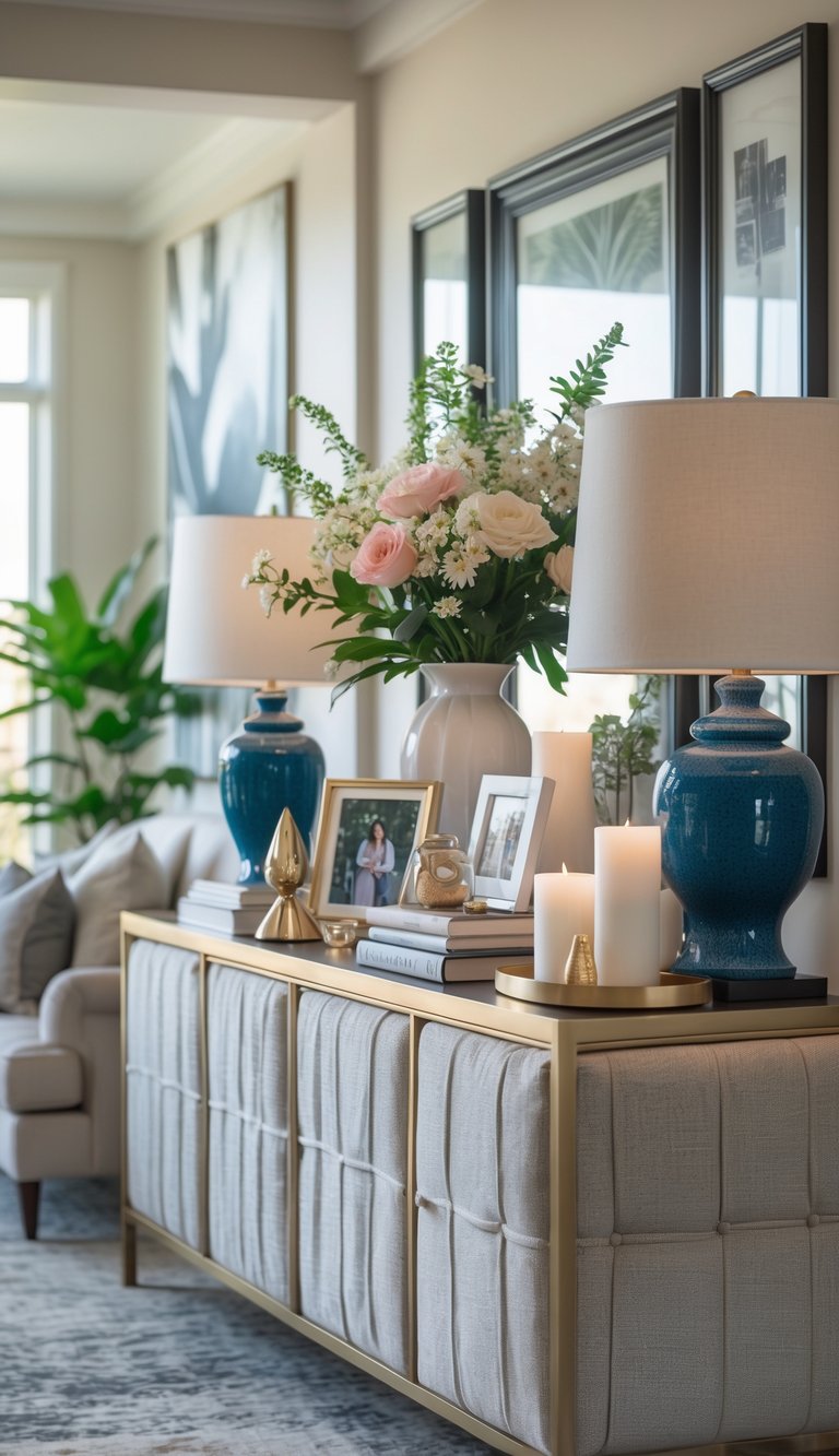 A living room with a console table behind a sofa, decorated with vases, framed photos, books, a lamp, and candles.
