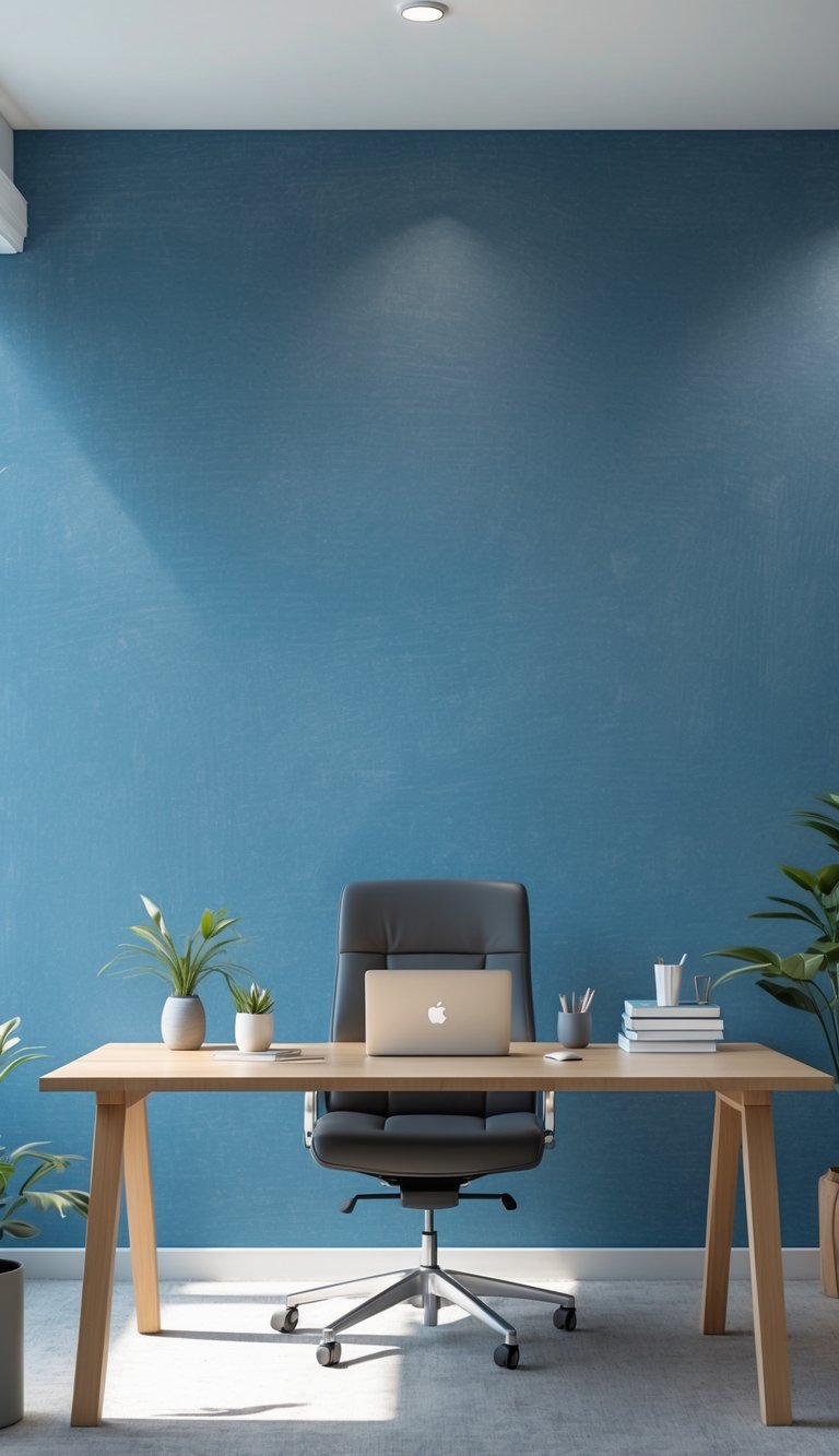 A modern office with a wooden desk and chair in front of a blue chalkboard wall, featuring a laptop and a small plant on the desk.