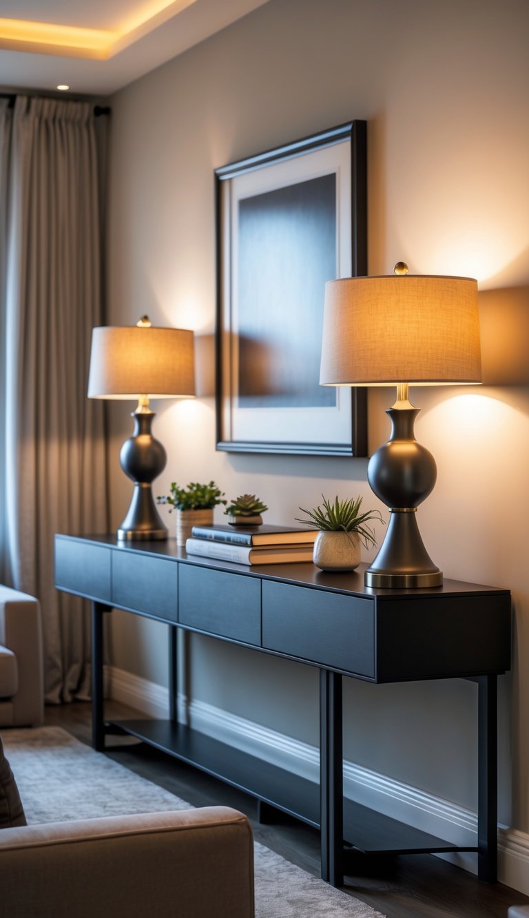 A console table behind a sofa with two matching table lamps and a slim LED picture light illuminating a framed artwork above.
