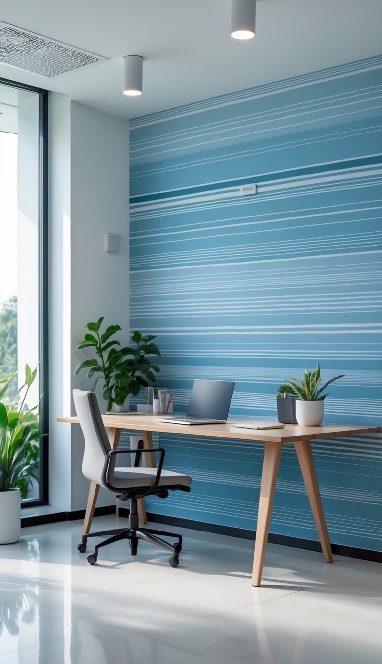 A modern office with a blue striped wallpaper, a wooden desk with a laptop and a plant, illuminated by natural light.