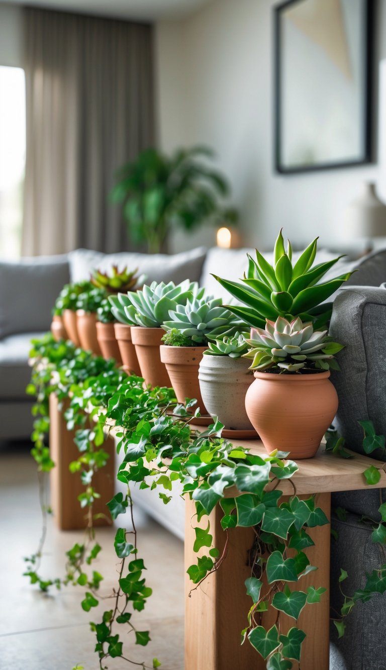 A row of potted succulents and trailing ivy in terracotta pots arranged on a console table behind a sofa.