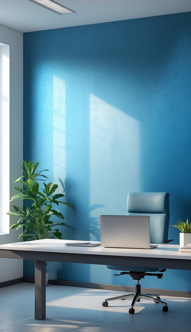 Modern office with a desk in front of blue metallic accent wallpaper and natural light coming through a window.