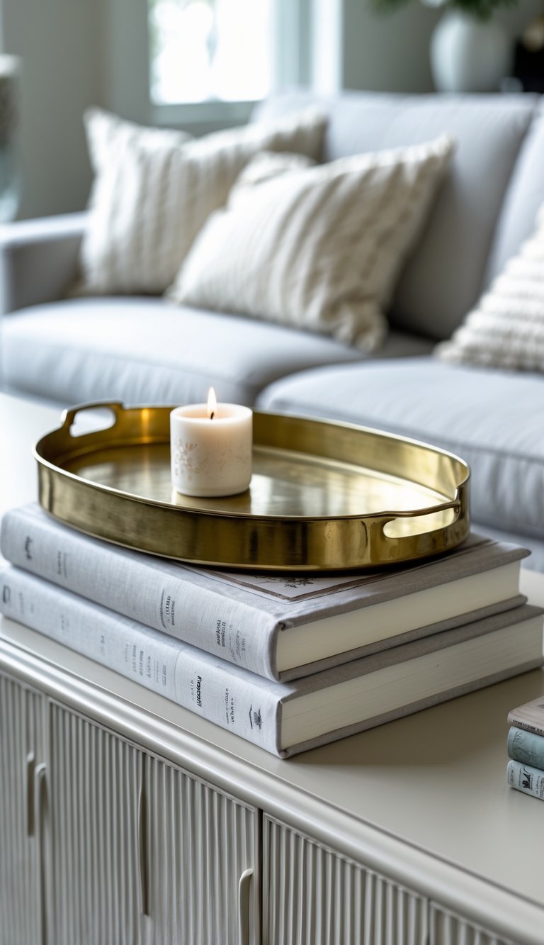Stacked coffee table books on a console table behind a sofa with a vintage brass tray on top.