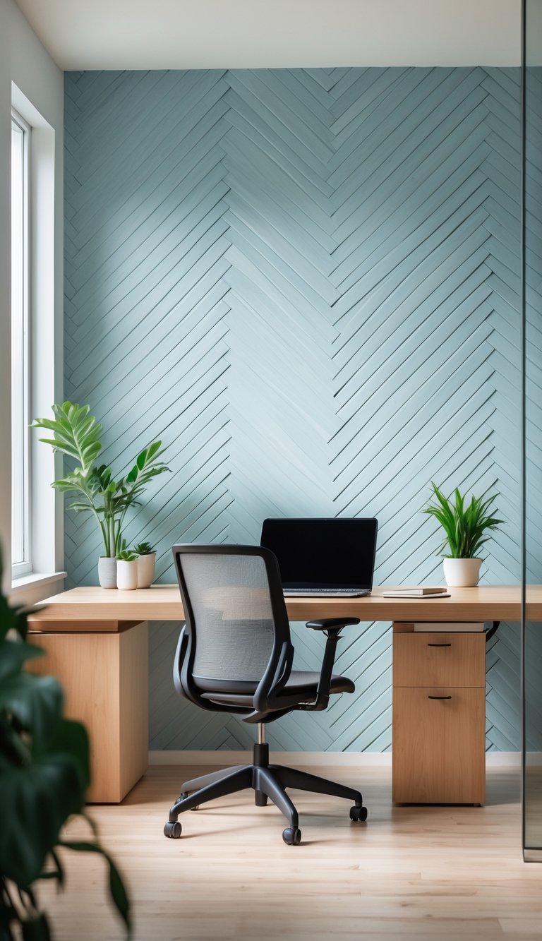 A modern office workspace with a wooden desk, ergonomic chair, green plant, and soft blue herringbone wood effect wallpaper in the background.