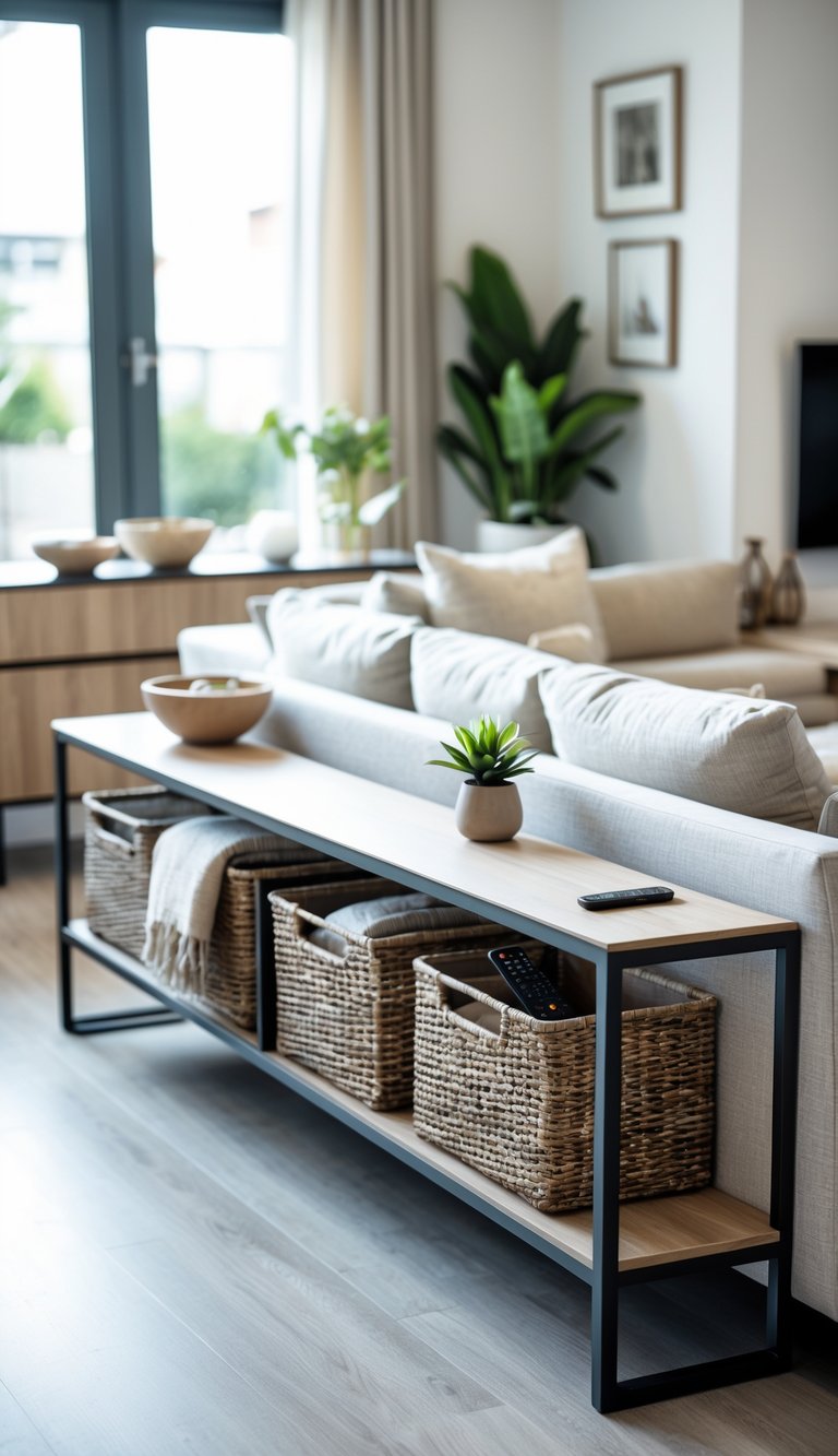 A slim console table with built-in baskets holding throws and remotes placed behind a sofa in a living room.