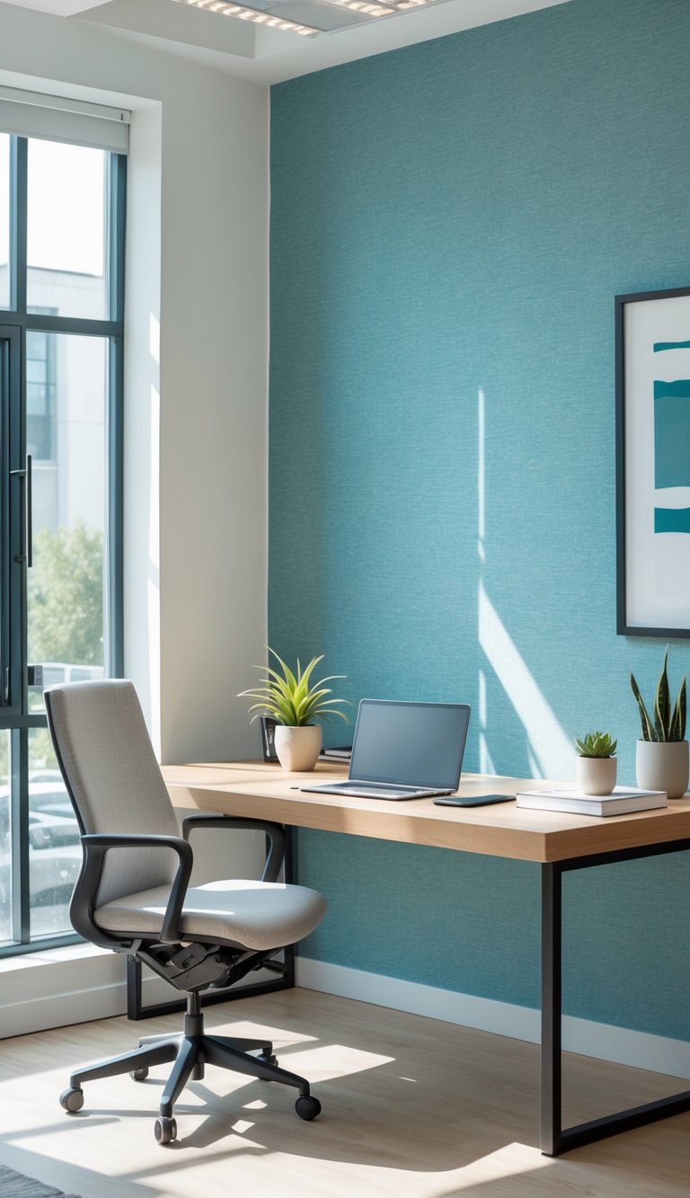 A modern office with mist blue wallpaper, a wooden desk with a laptop and plant, and natural light coming through large windows.