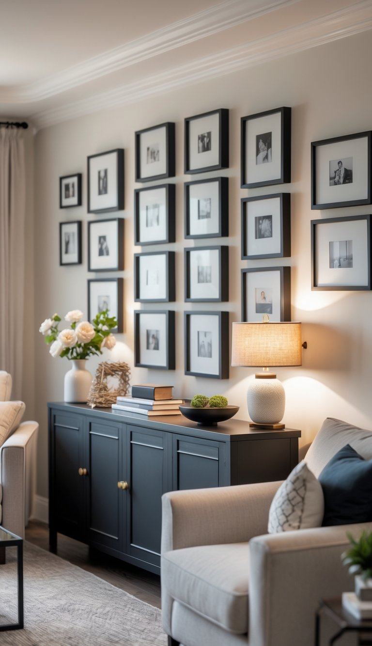 A living room with a sofa and a console table behind it, decorated with a gallery of small family photos in black-and-white frames on the wall.