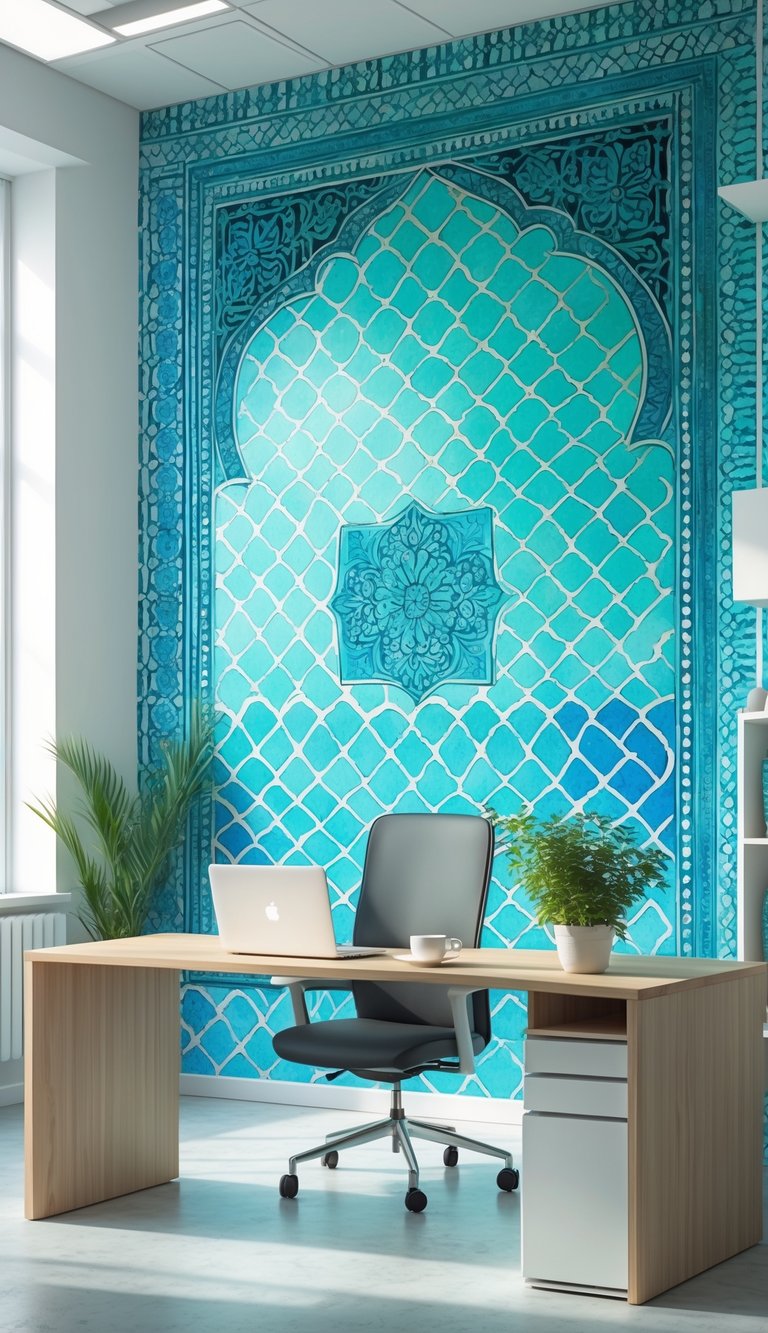 A bright office with a turquoise Moroccan tile mural on the wall, a wooden desk with a laptop, plant, and coffee cup, creating a calm and organized workspace.