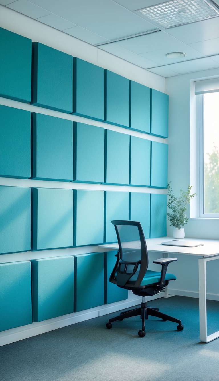 Modern office workspace with periwinkle noise-reducing foam panels on the walls and a clean desk bathed in natural light.