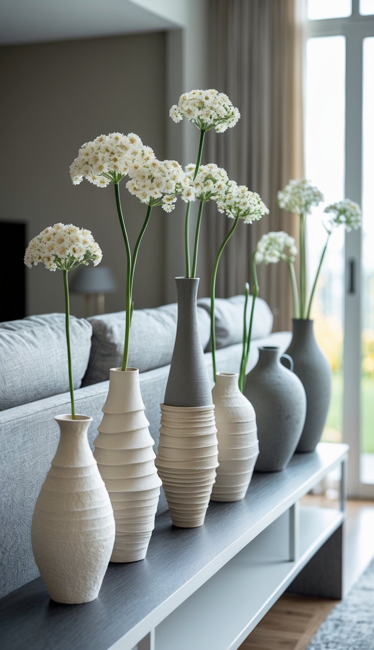 A console table behind a sofa displaying ceramic vases of different heights, each holding a single flower stem.