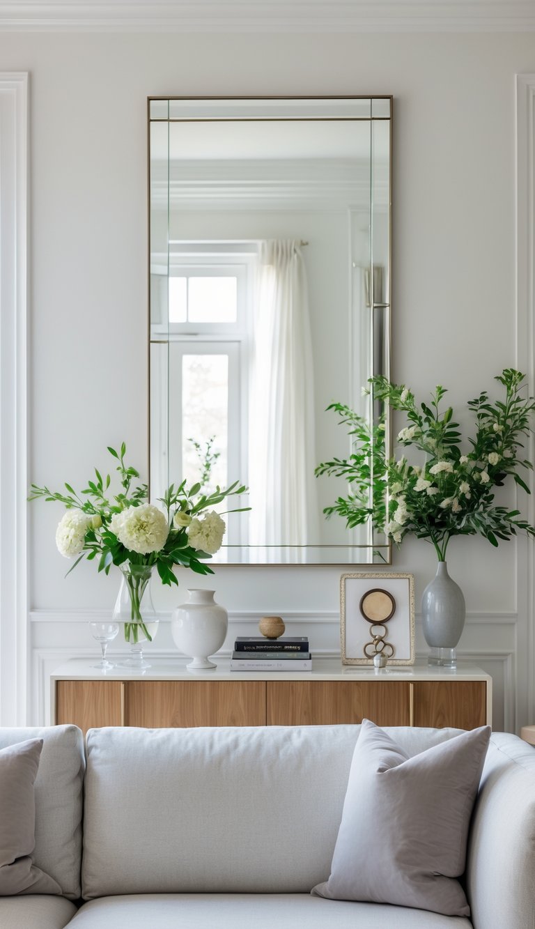 Living room with a console table behind a sofa and a large mirror centered above the table reflecting light.