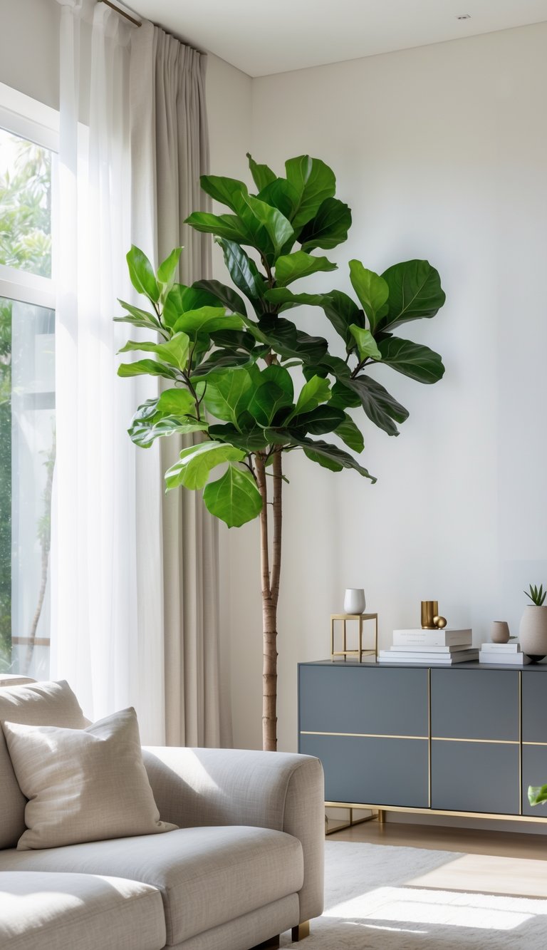 A tall fiddle leaf fig plant next to a console table behind a sofa in a bright living room.
