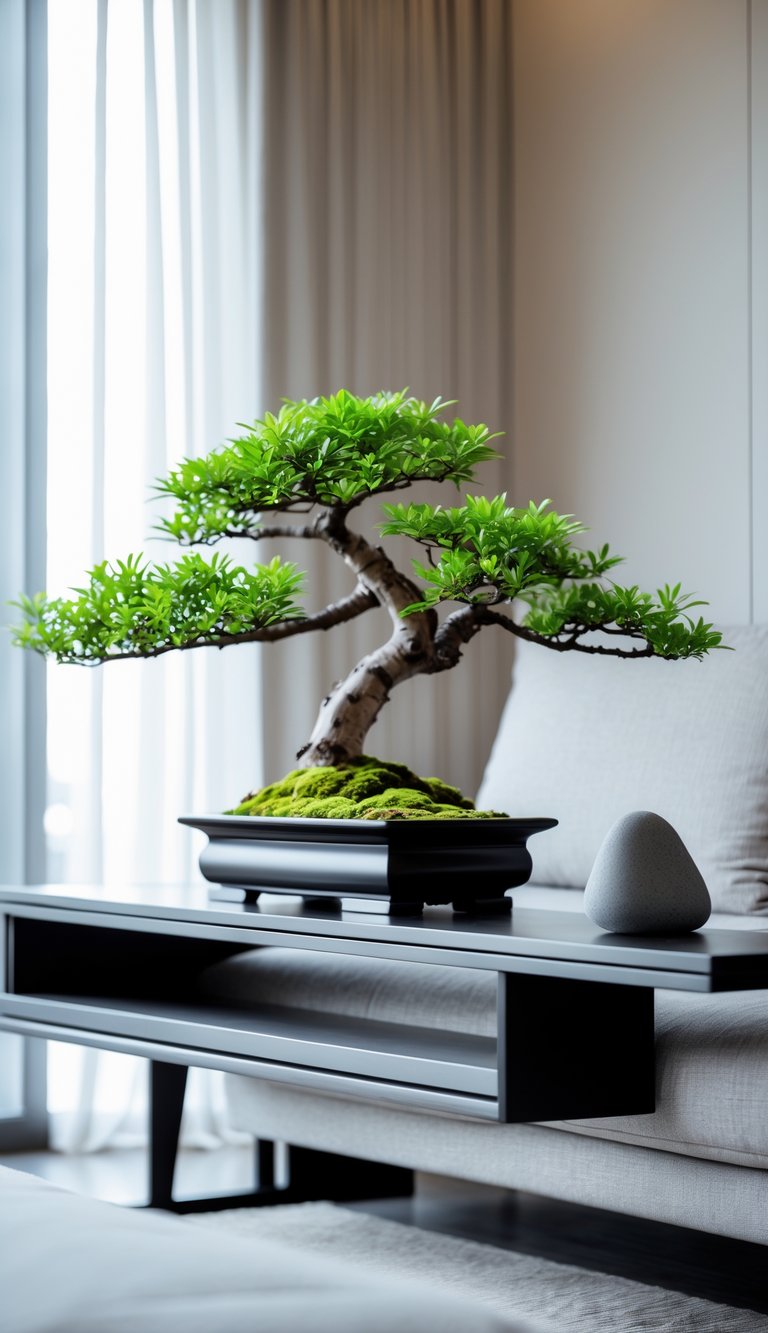 A console table behind a sofa with a bonsai tree and a smooth stone sculpture on top.