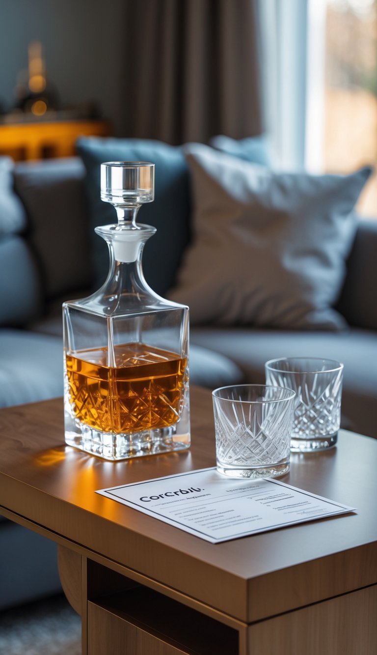 A bar station setup on a console table behind a sofa with a decanter, two crystal glasses, and a cocktail recipe card.