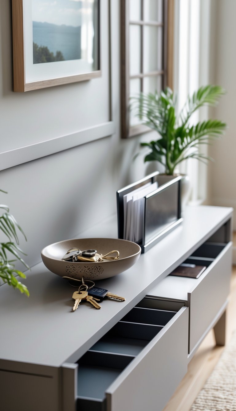 Console table behind a sofa with a decorative bowl for keys and a slim mail sorter on top.