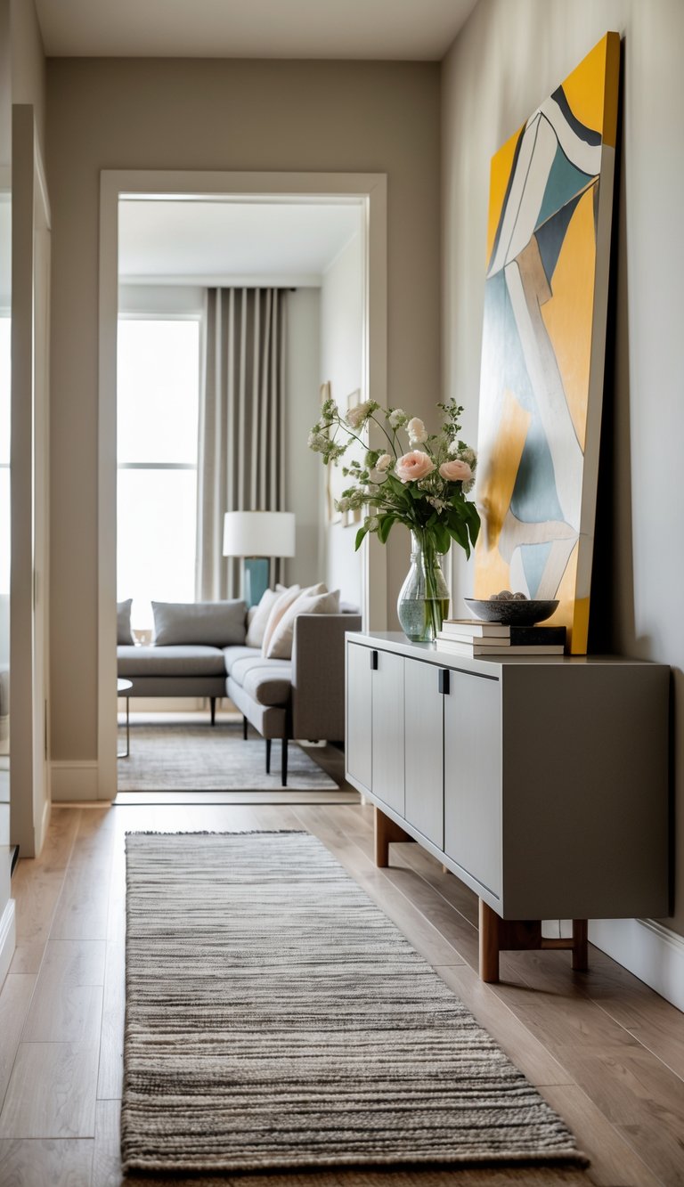 A living room scene with a piece of art leaning against a wall over a runner rug, a console table behind a sofa with decorative items on it.