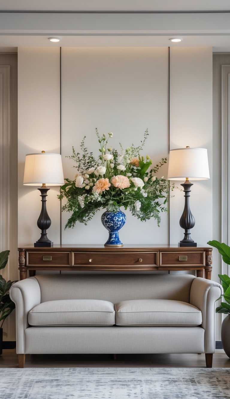 A console table behind a sofa with two matching candlesticks and a central floral arrangement.