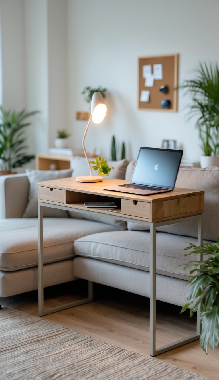A console table behind a sofa with a laptop tray, slim lamp, and a small cork display board.