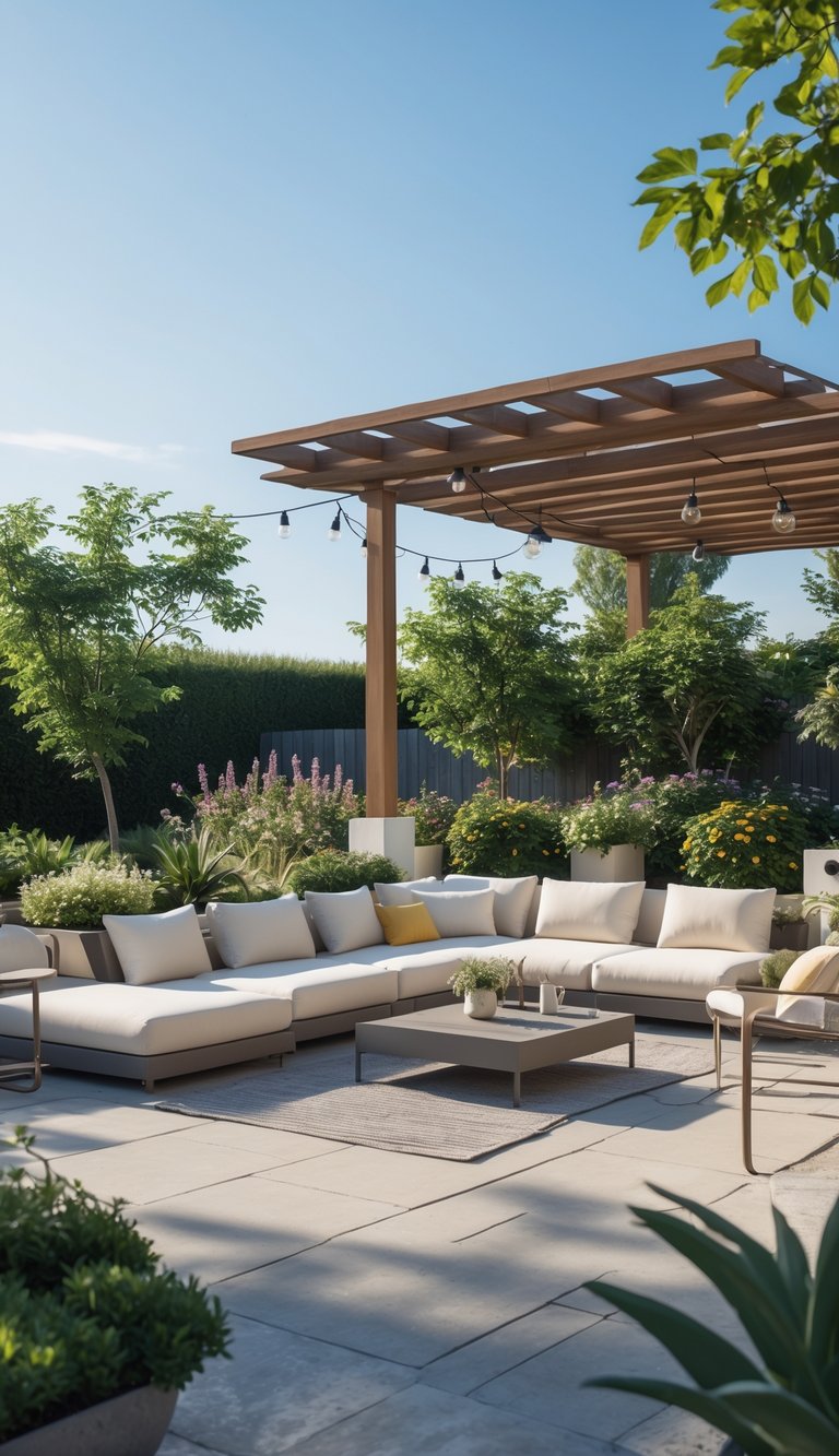 Outdoor patio with modern furniture, plants, and a wooden pergola under clear sunny sky.