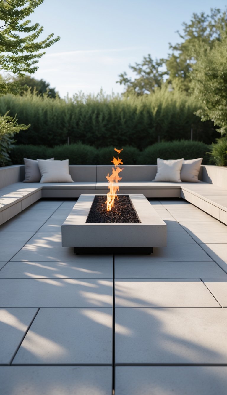 Outdoor patio with concrete pavers and a long, narrow fire pit surrounded by seating and greenery.