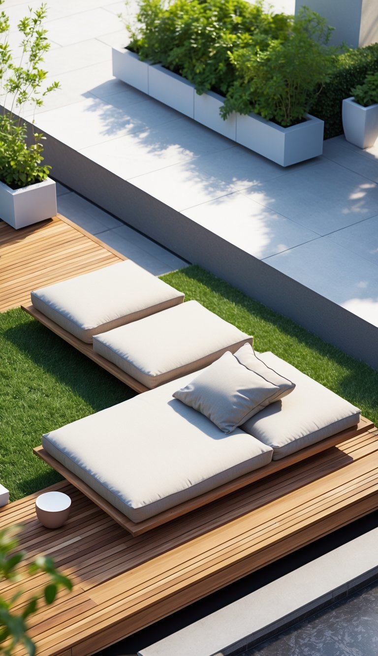 Outdoor patio with a floating teak deck and a low-profile sectional sofa surrounded by plants.
