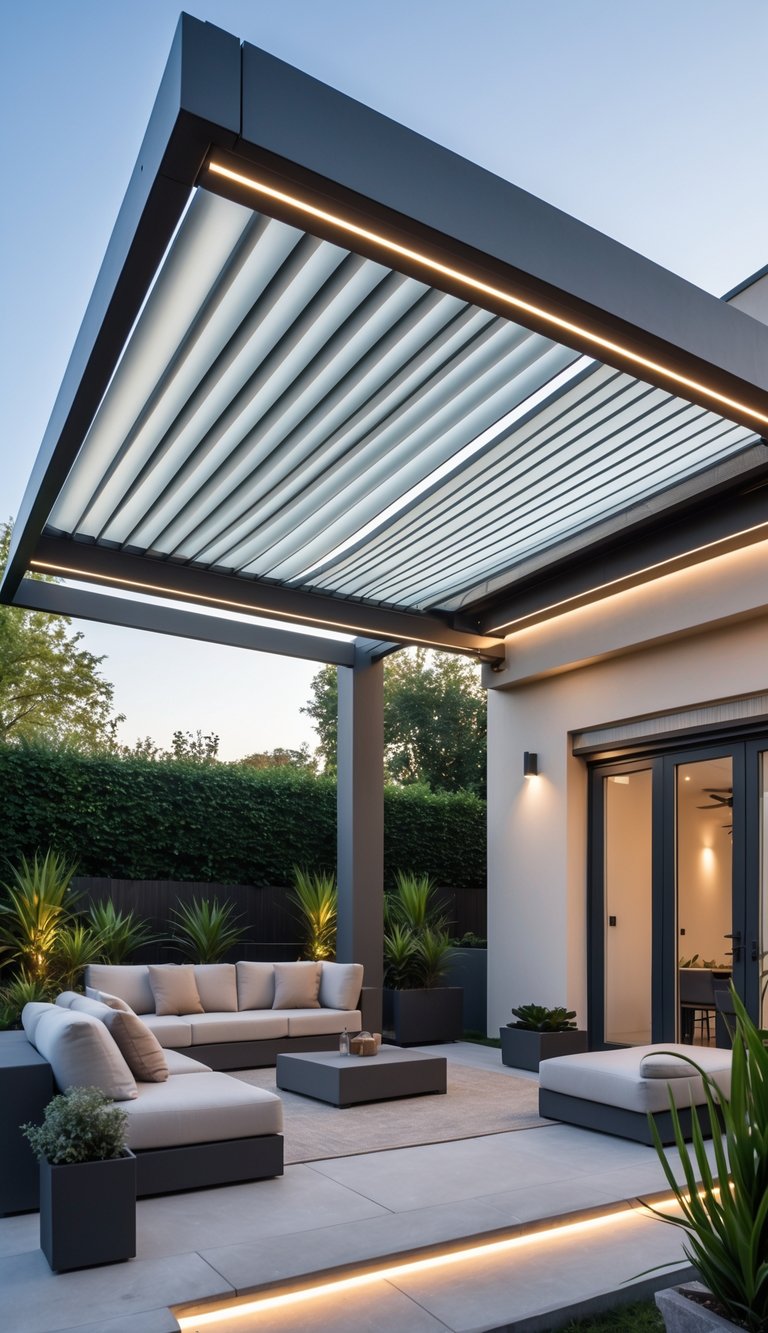 Outdoor patio with a pergola featuring an adjustable louvered roof and recessed lighting, furnished with modern seating and surrounded by plants.