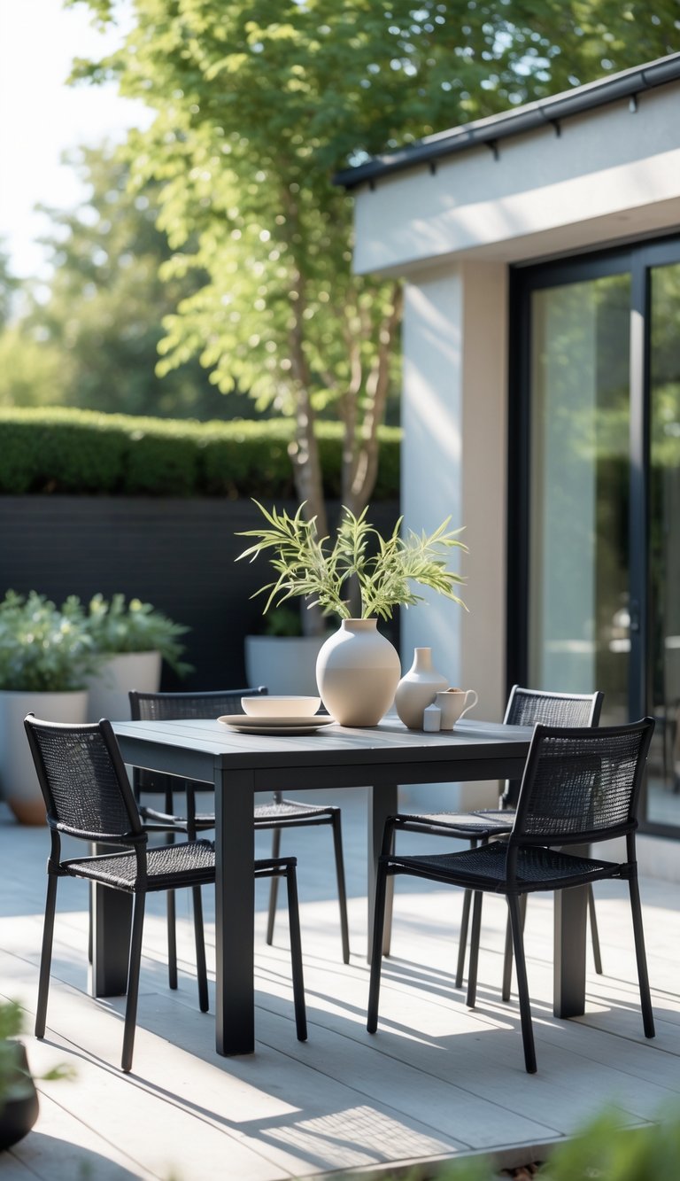 Outdoor patio with a black aluminum dining table and chairs set up for summer dining surrounded by plants.