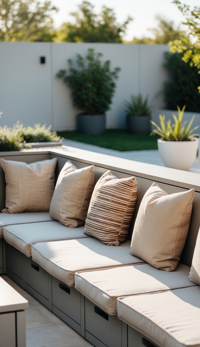 Outdoor patio with built-in banquette seating featuring woven cushions and storage compartments, surrounded by plants.