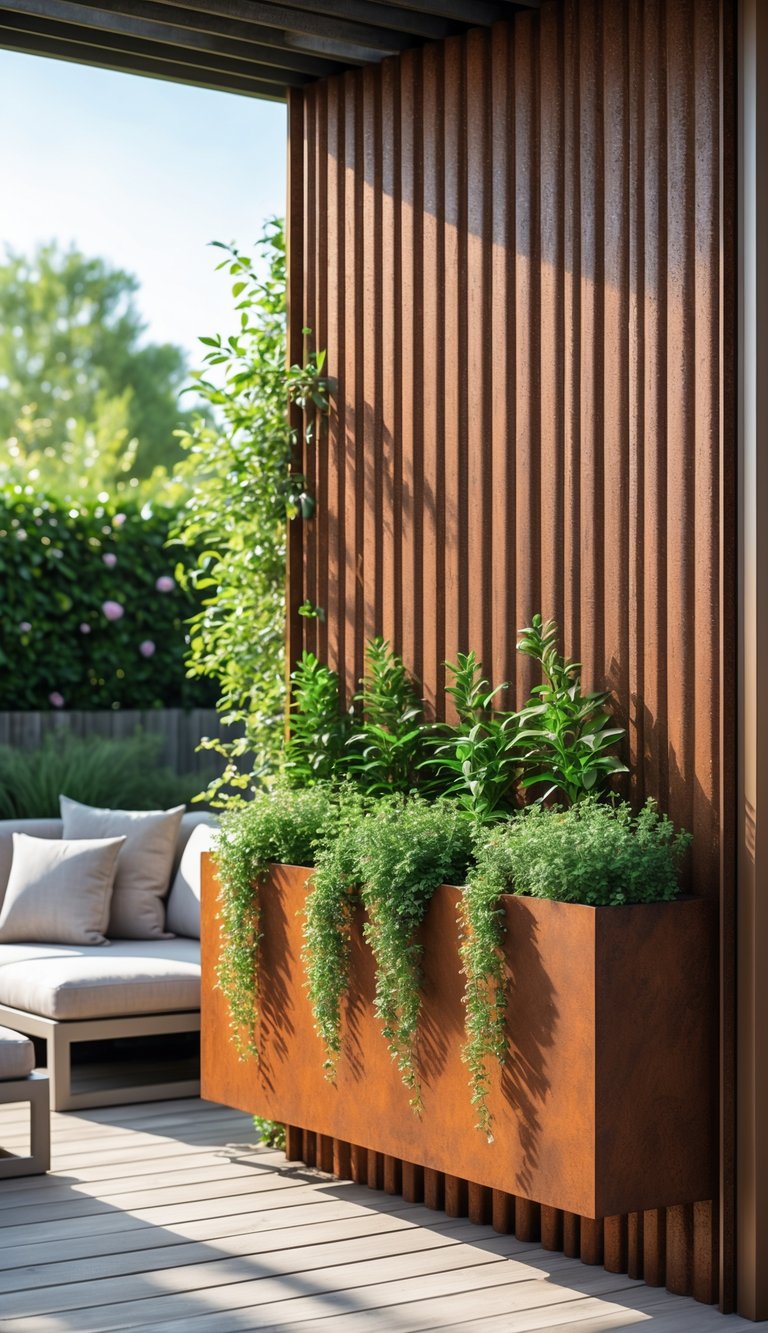 Outdoor patio with a rust-colored privacy screen featuring vertical planters filled with green plants and modern outdoor furniture.