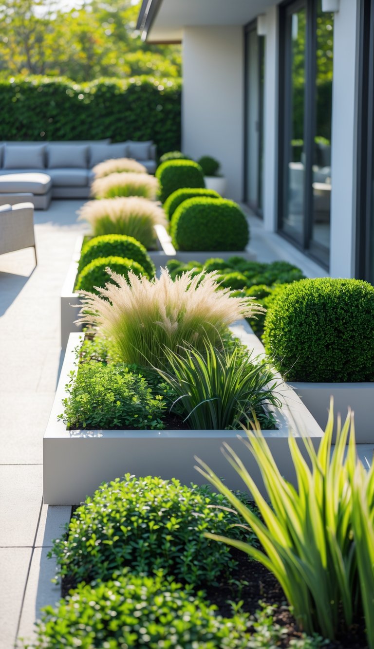 Outdoor patio with raised planter beds containing ornamental grasses and boxwoods.