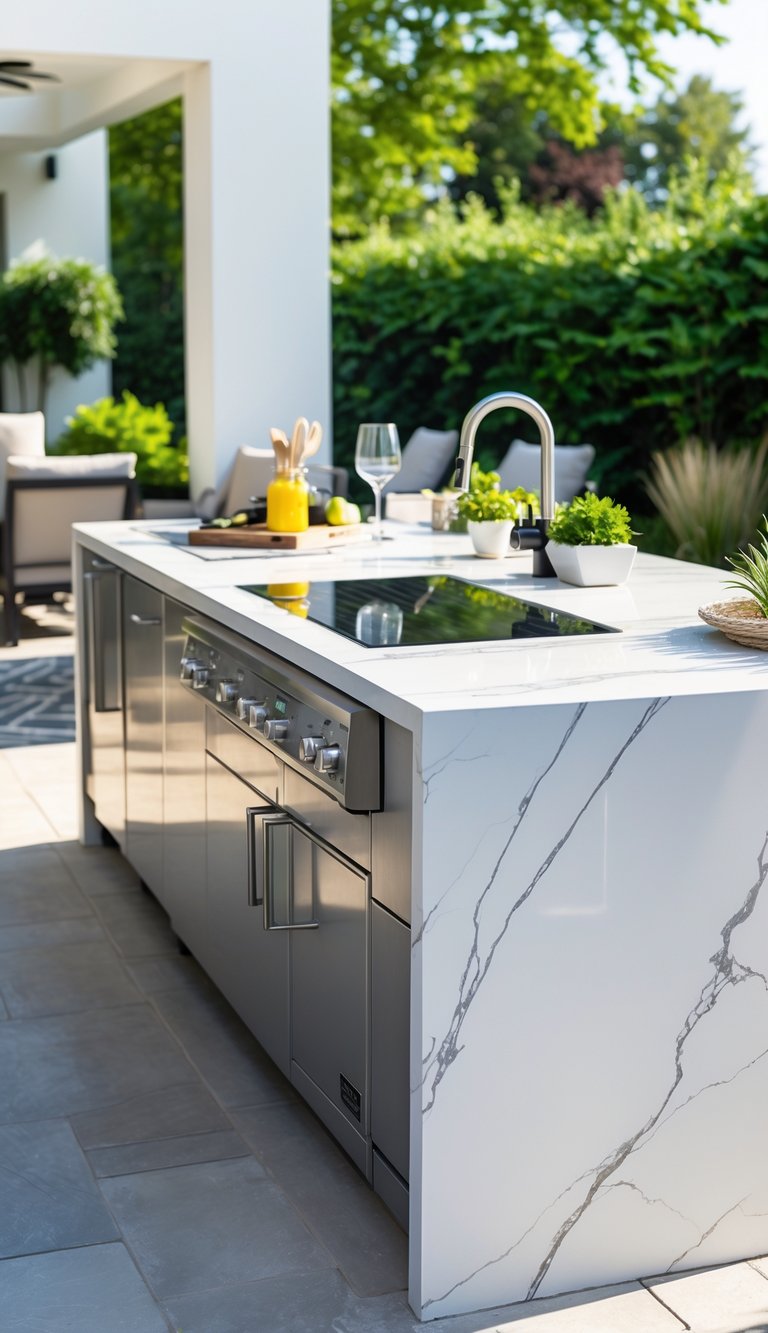 Outdoor kitchen island with a marble-look porcelain countertop on a patio surrounded by plants and outdoor furniture.