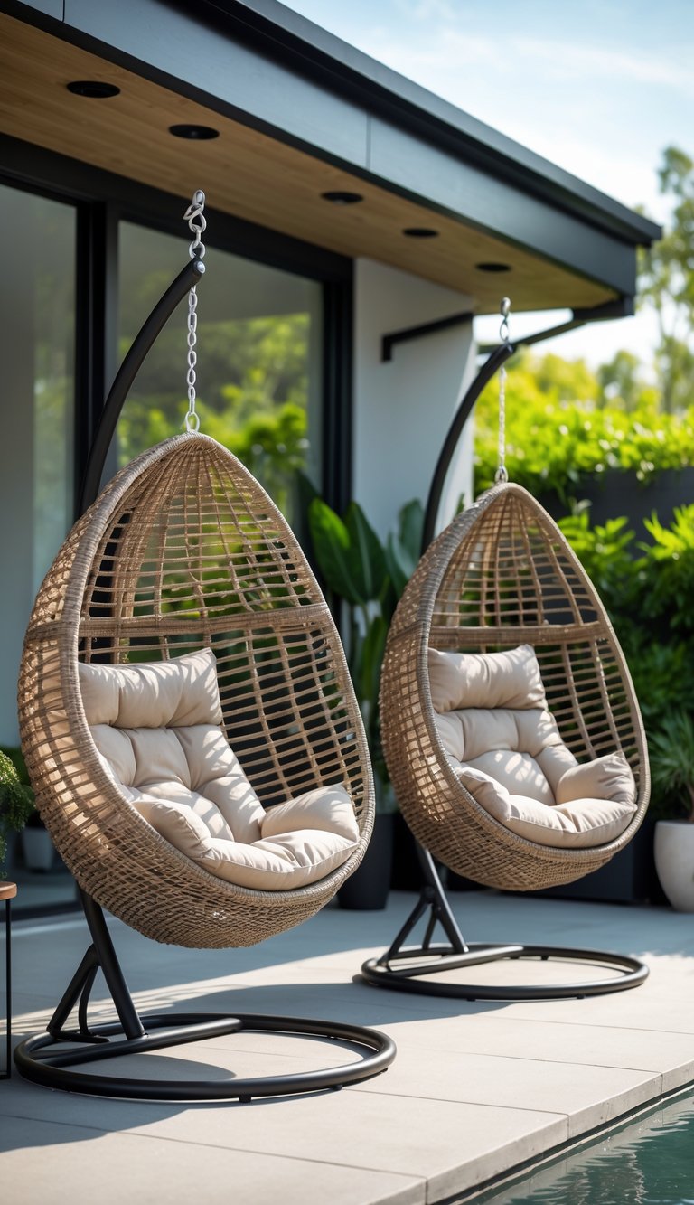 Two hanging wicker egg chairs with cushions on an outdoor patio surrounded by plants.