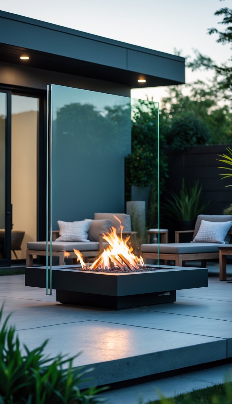 Outdoor patio with a raised fire pit surrounded by a slim glass windscreen and modern seating.